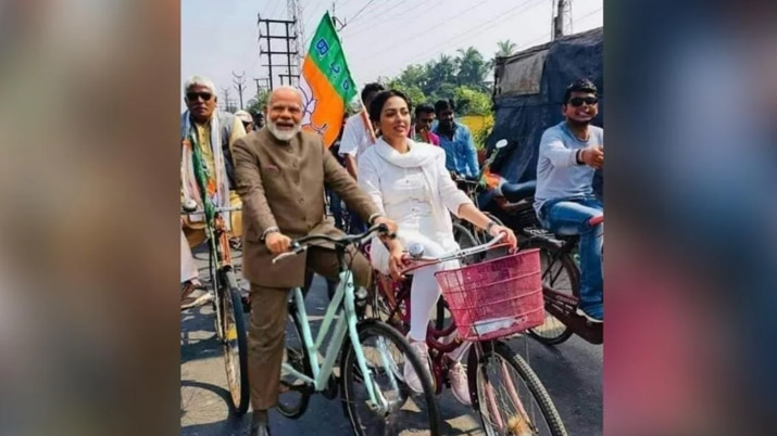 Morphed image of PM riding a bicycle alongside Pamela Goswami